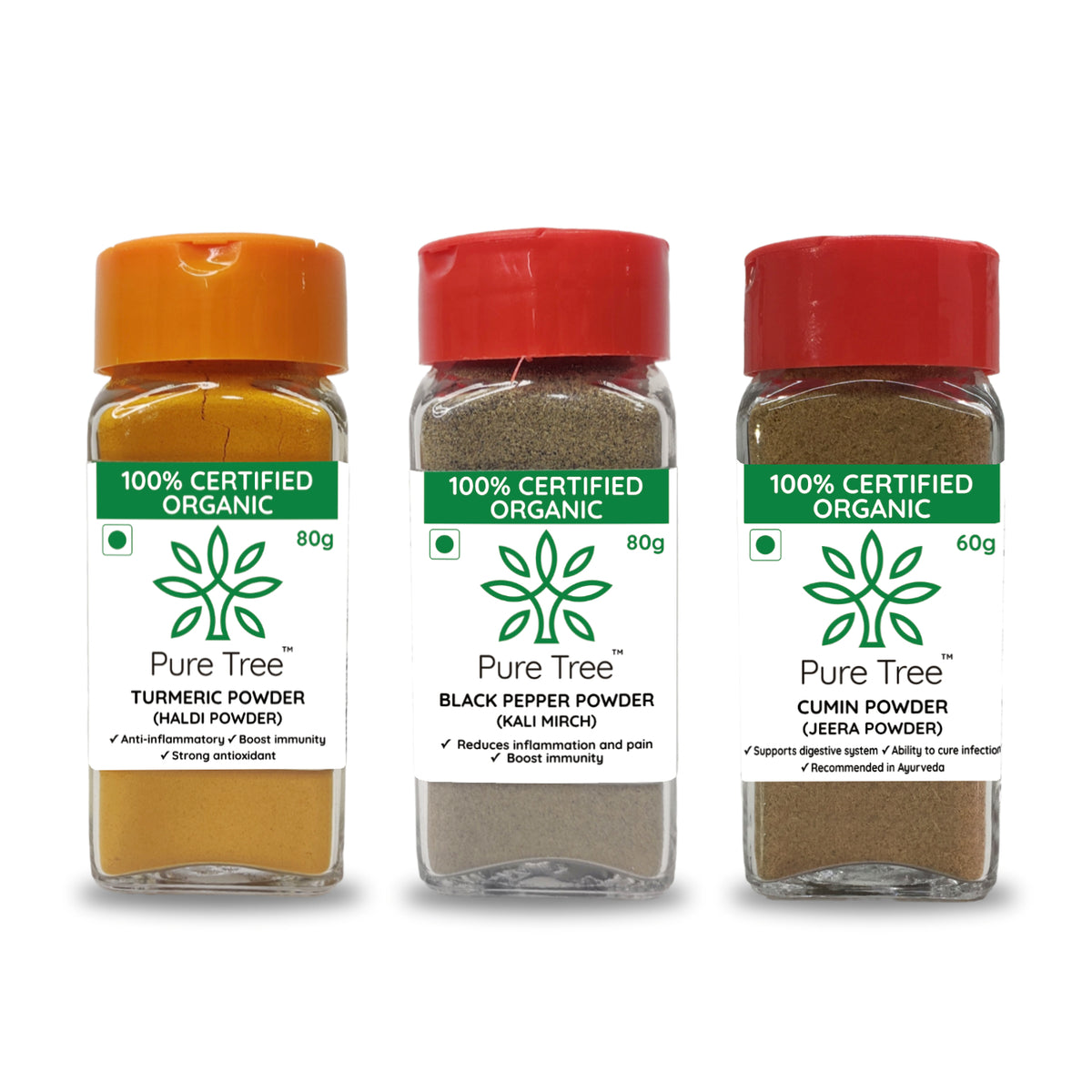 Certified Organic Black Pepper 80gm, Turmeric 80gm, Cumin 60gm, (Powde