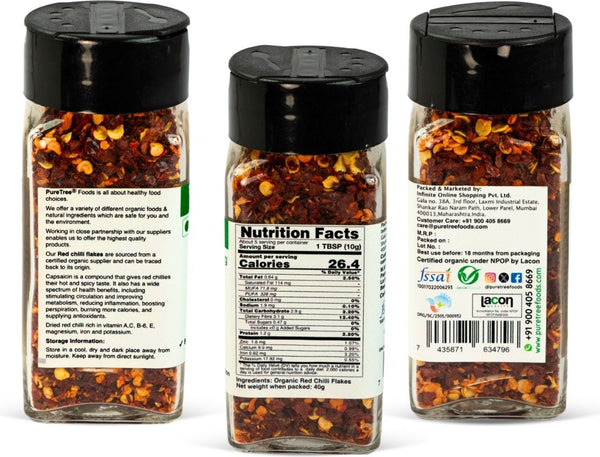 Pure Tree Certified Organic Red Chilli Flakes | Crushed Red Pepper Flakes | Organic Red Pepper Flakes Chili Seasoing for Pizza, Pasta & Salads | Dry Red Chilli Flakes with Mild Heat