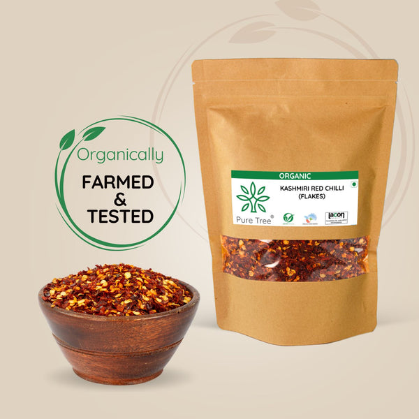 Pure Tree Certified Organic Kashmiri Red Chilli Flakes | Crushed Red Pepper Flakes | Organic Red Pepper Flakes Chili Seasoing for Pizza, Pasta & Salads | Dry Kashmiri Chilli Flakes with Mild Heat