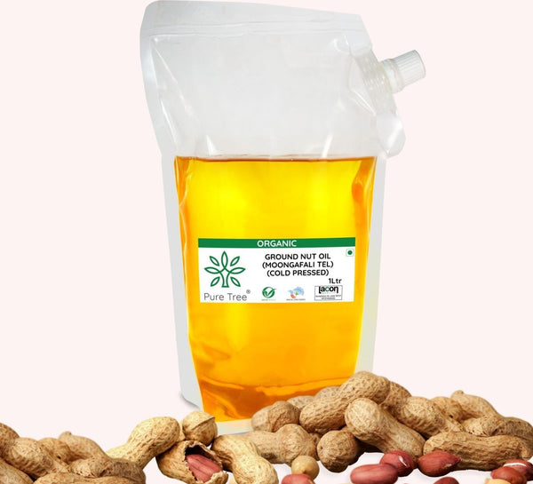 Pure Tree Certified Organic Groundnut Oil | 1 Liter | Wood Cold Pressed Groundnut Oil 1000 ml | Moongfali Oil | Peanut Oil | Rich In Antioxidants Sing Tel Kachi Ghani Wood Pressed Oil For Cooking