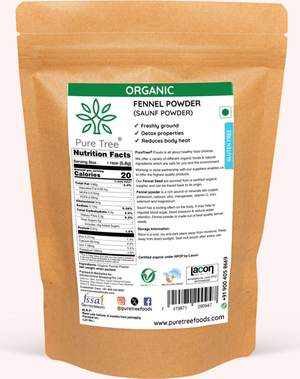 Pure Tree Certified Organic Saunf Powder | Fennel Seed Powder Organic | Variyali Powder | Sompu Powder | Saunf Powder Gluten Free & Flavourful