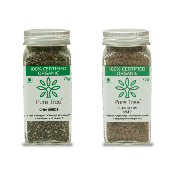 Certified Organic Chia, Flax | 75 g Each | Whole Seeds | Glass Jar | Combo Pack