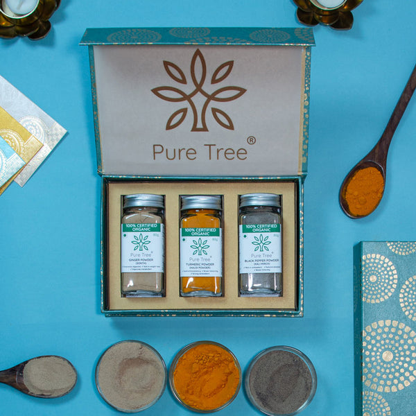 Organic Premium Gift Hamper with Black Pepper, Turmeric, Ginger Powder Gift Box in Beautiful Green Mandala Printed Gift Box