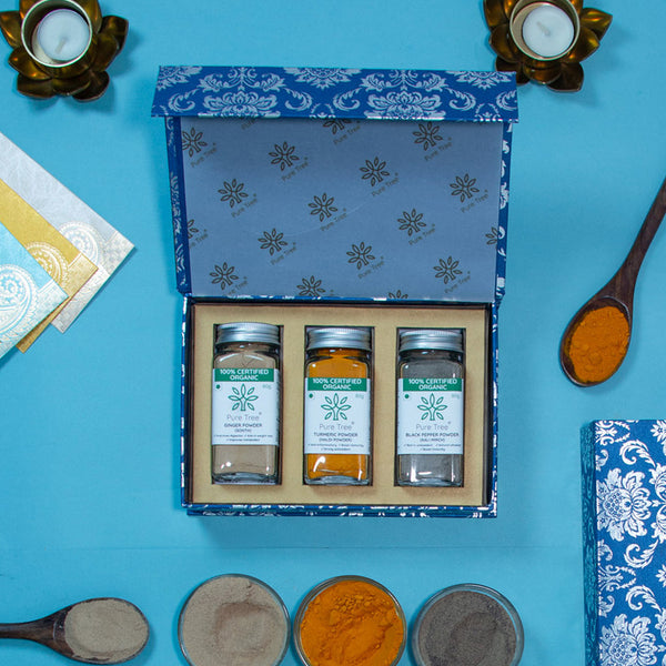 Organic Premium Gift Hamper with Black Pepper, Turmeric, Ginger Powder Gift Box in Beautiful Navy Damascus Motif Printed Gift Box