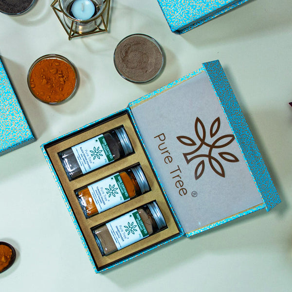 Organic Premium Gift Hamper With Black Pepper, Turmeric, Ginger Powder in Beautiful Sky Blue Paisley Printed Gift Box