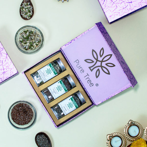 Organic Premium Gift Hamper with Chia | Flax | Pumpkin | Sunflower | Watermelon Seed Snack Festive Celebration Box | Diwali Corporate Gift Beautiful Purple Maple Printed Gift Box