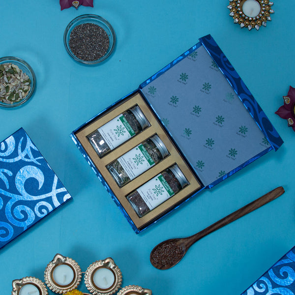 Organic Premium Gift Hamper With Chia | Flax | Pumpkin | Sunflower | Watermelon Seed Snack in Beautiful Blue Spiral Curls Printed Gift Box