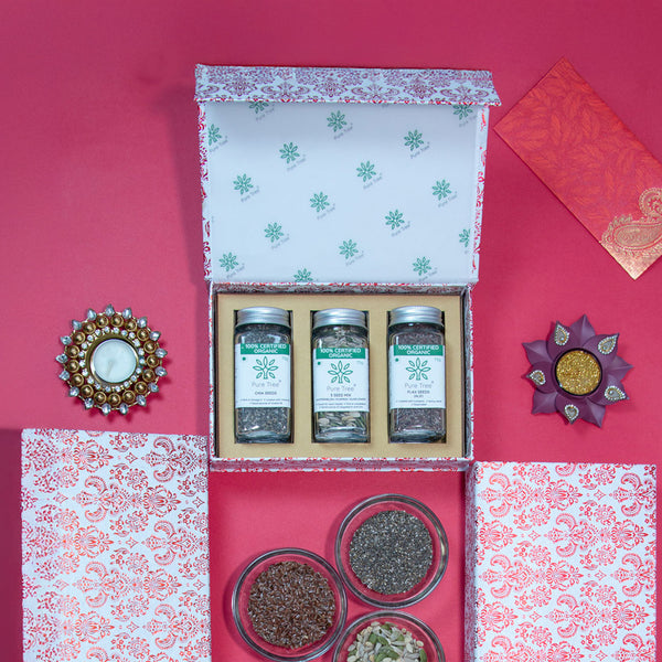 Organic Premium Gift Hamper with Chia | Flax | Pumpkin | Sunflower | Watermelon Seed Snack Festive Celebration Box | Diwali Corporate Gift Beautiful Red & White Mandana Printed Gift Box