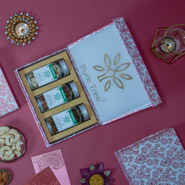 Organic Premium Gift Hamper With Cashew, Raisins & Almond in Beautiful Red & White Mandana Printed Gift Box