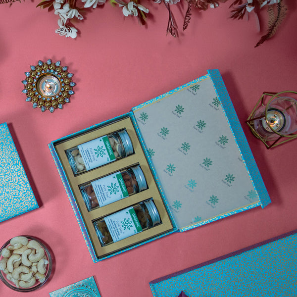 Organic Premium Gift Hamper with Cashew, Raisins & Almond Gift Box in Beautiful Sky Blue Paisley Printed Gift Box