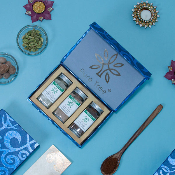 Organic Premium Gift Hamper with Cloves, Green Cardamom, Nutmeg Gift Box in Beautiful Blue Spiral Curls Printed Gift Box