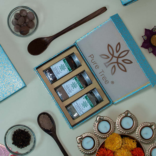 Organic Premium Gift Hamper with Cloves, Green Cardamom, Nutmeg Gift Box in Beautiful Sky Blue Paisley Printed Gift Box