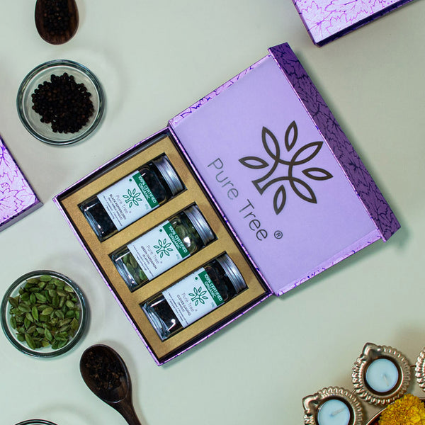 Organic Premium Gift Hamper with Cloves, Green Cardamom, Black Peppercorn Gift Box in Beautiful Purple Maple Printed Gift Box