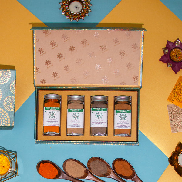 Organic Premium Gift Hamper with Kali Mirch, Haldi, Sooth, Cinnamon Powdered Spice Gift Box in Beautiful Green Mandala Printed Gift Box