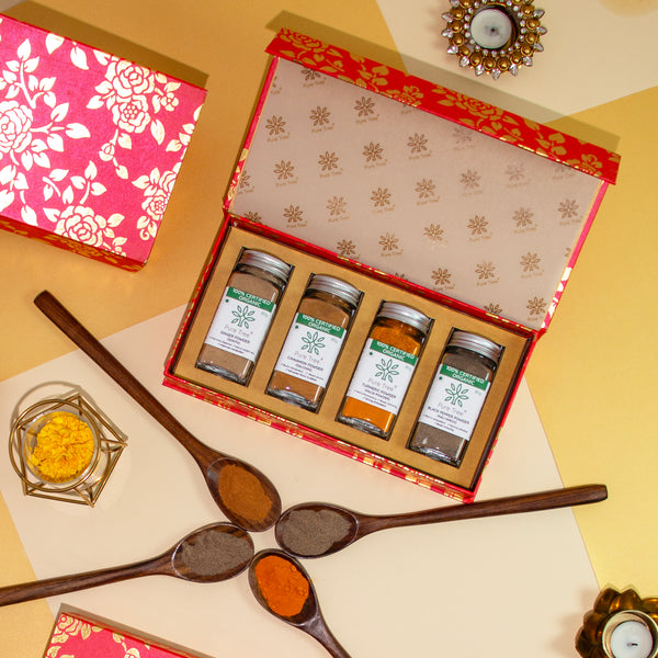 Organic Premium Gift Hamper with Kali Mirch, Haldi, Sooth, Cinnamon Powdered Spice Gift Box in Beautiful Golden Rose Printed Gift Box