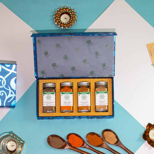 Organic Premium Gift Hamper with Kali Mirch, Haldi, Sooth, Cinnamon Powdered Spice Gift Box in Beautiful Blue Spiral Curls Printed Gift Box