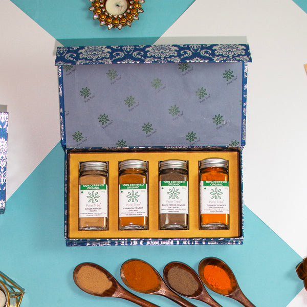 Organic Premium Gift Hamper with Kali Mirch, Haldi, Sooth, Cinnamon Powder Spice Gift Box in Beautiful Navy Damascus Motif Printed Gift Box