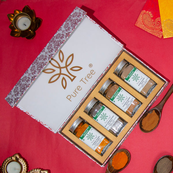 Organic Premium Gift Hamper with Kali Mirch, Haldi, Sooth, Cinnamon Powder Spice Gift Box in Beautiful Red & White Mandana Printed Gift Box