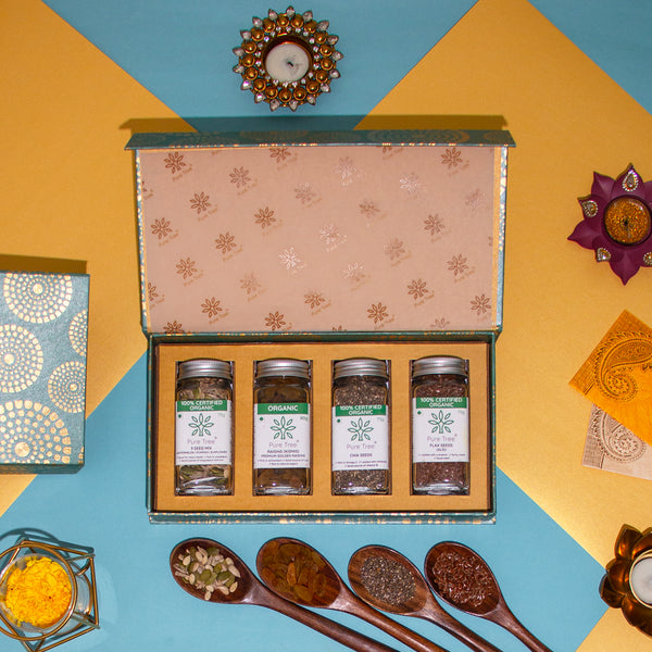 Organic Premium Gift Hamper with Raisins, Flax, Chia and 3 Mix Seeds, Healthy Snack Gift Box in Beautiful Green Mandala Printed Gift Box