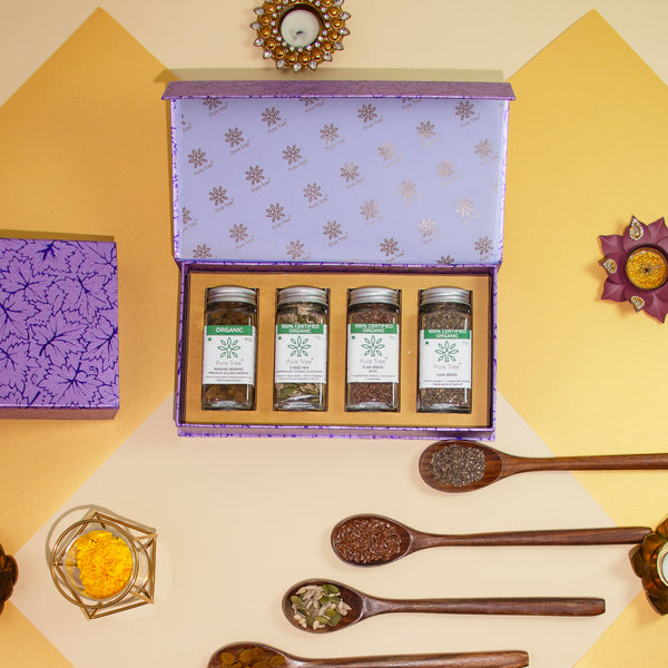 Organic Premium Gift Hamper With Raisins, Flax, Chia and 3 Mix Seeds, Healthy Snack in Beautiful Purple Maple Printed Gift Box