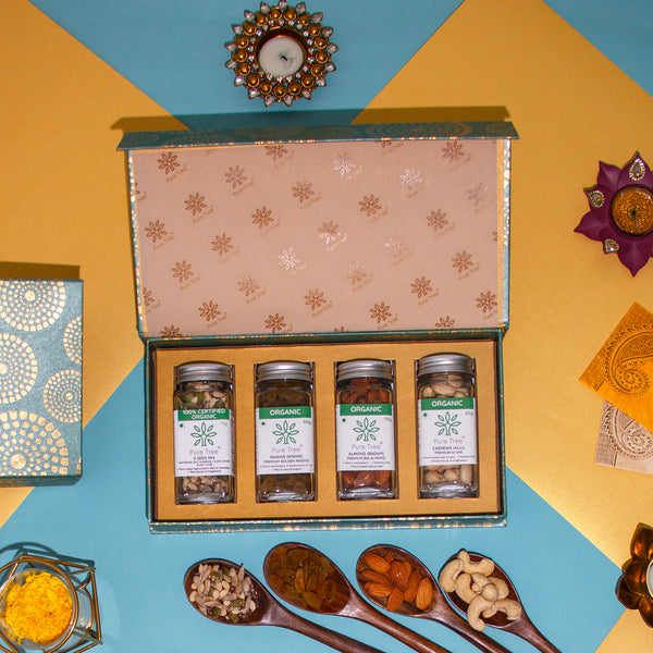 Organic Premium Gift Hamper with 5 Mix Seeds, Cashew, Raisins, Almonds Dry Fruit Gift Box in Beautiful Green Mandala Printed Gift Box