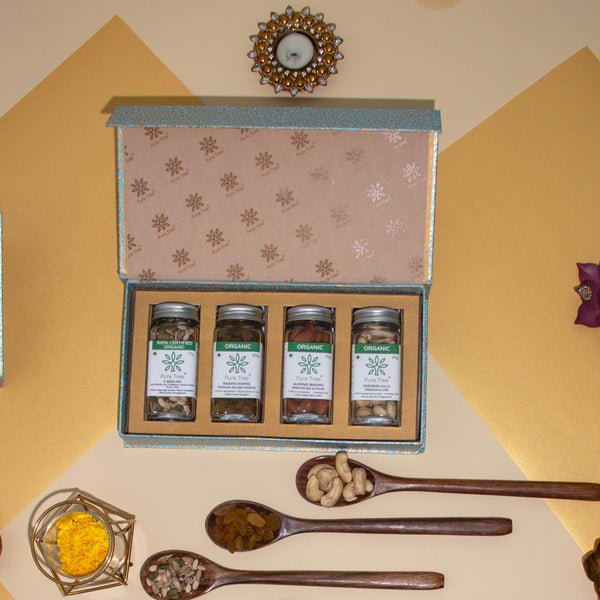 Organic Premium Gift Hamper With 5 Mix Seeds, Cashew, Raisins, Almonds Dry Fruit in Beautiful Sky Blue Paisley Printed Gift Box