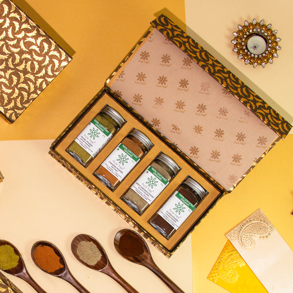 Organic Premium Gift Hamper With Elaichi, Fennel, Dalchini, Laung Powdered in Beautiful Golden Petals Printed Gift Box