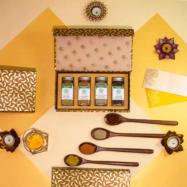 Organic Premium Gift Hamper With Elaichi, Fennel, Dalchini, Laung Powdered in Beautiful Golden Petals Printed Gift Box