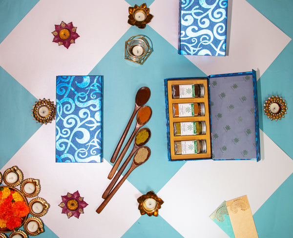 Organic Premium Gift Hamper with Elaichi, Fennel, Dalchini, Laung Powdered Gift Box in Beautiful Blue Spiral Curls Printed Gift Box