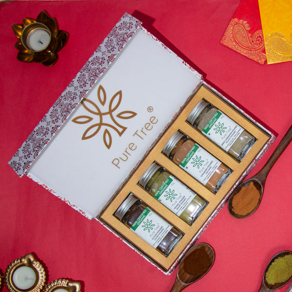 Organic Premium Gift Hamper with Elaichi, Fennel, Dalchini, Laung Powdered Gift Box in Beautiful Red & White Mandana Printed Gift Box