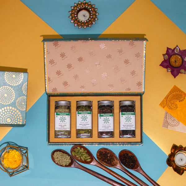 Organic Premium Gift Hamper with Fennel, Kali Mirch, Elaichi, Laung Whole Gift Box in Beautiful Green Mandala Printed Gift Box