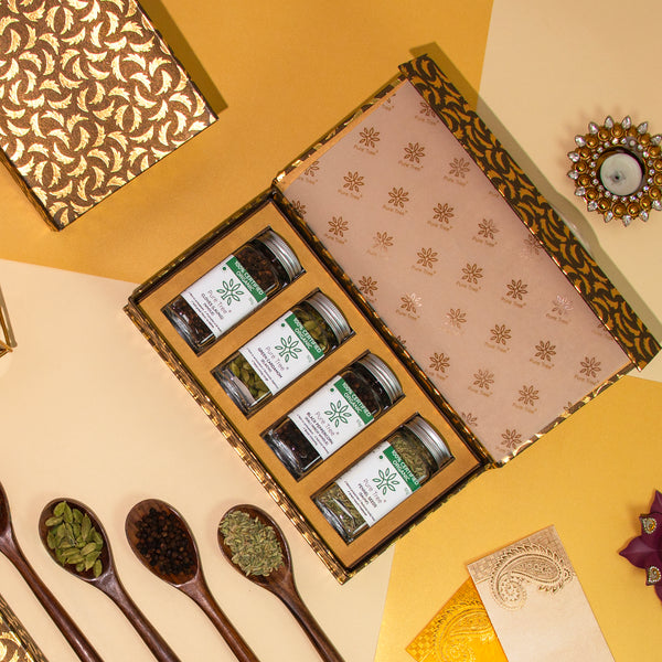 Organic Premium Gift Hamper With Fennel, Kali Mirch, Elaichi, Laung Whole in Beautiful Golden Petals Printed Gift Box