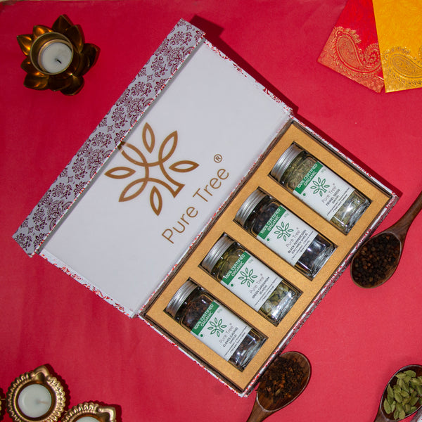 Organic Premium Gift Hamper with Fennel, Kali Mirch, Elaichi, Laung Whole Gift Box in Beautiful Red & White Mandana Printed Gift Box