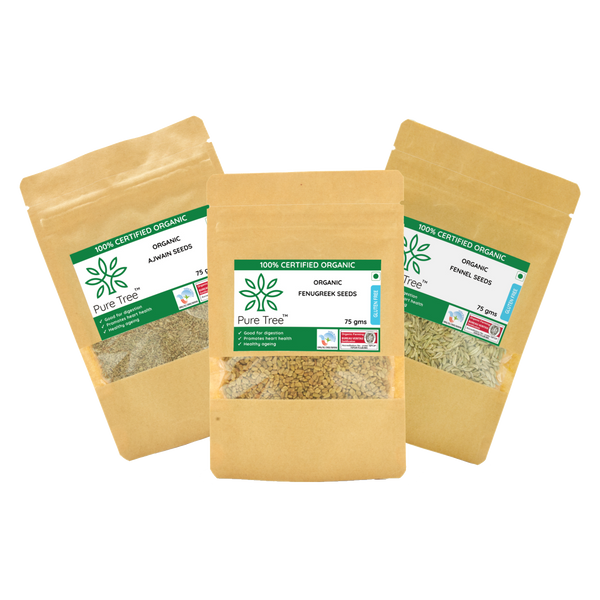 Certified Organic Ajwain, Fenugreek, Fennel - 75g Each | Carom Seeds, Methi Dana, Variyali, Sauf - Whole Seeds Combo Pack