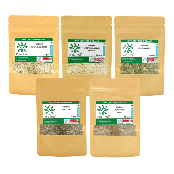 Certified Organic Pumpkin Seeds, Sunflower Seeds, Watermelon Seeds Chia Seeds, Flax Seeds | 75 g Each | Combo Pack