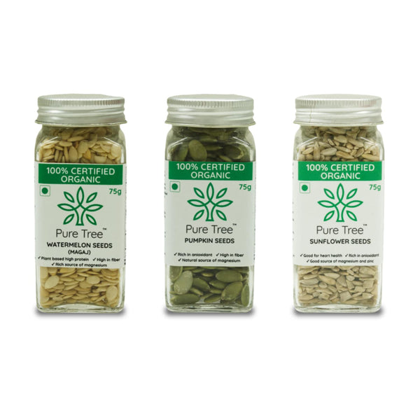 Certified Organic Pumpkin Seeds, Sunflower Seeds, Watermelon Seeds | 75 g Each | Glass Jar | Combo Pack