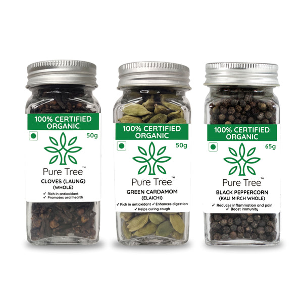 Certified Organic Cloves 50gm, Cardamom 50gm, Black Pepper 65gm, Combo Pack