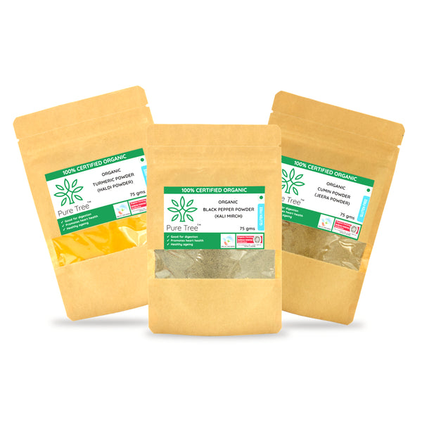 Certified Organic Kaali Mirch, Haldi, Jeera | 75 g Each | Powder Spice | Cooking Masala | Combo Pack