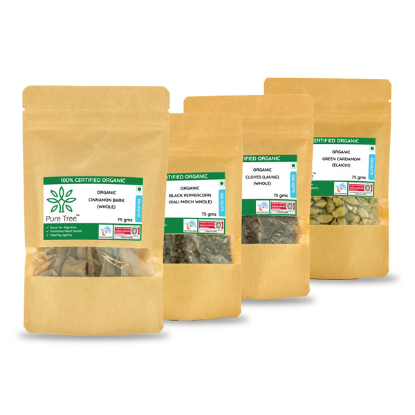 Certified Organic - Clove, Elaichi, Kaali Mirch, Dalchini - 75g Each | Whole Spices Combo Pack