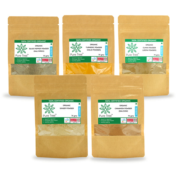 Certified Organic Black Pepper, Turmeric, Cumin, Ginger, Cinnamon | 75 g Each | Combo Pack