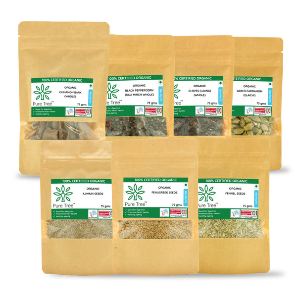 Certified Organic Ajwain, Fenugreek Seeds, Fennel Seeds, Cloves, Cardamom, Black pepper, Cinnamon Whole  Combo Pack
